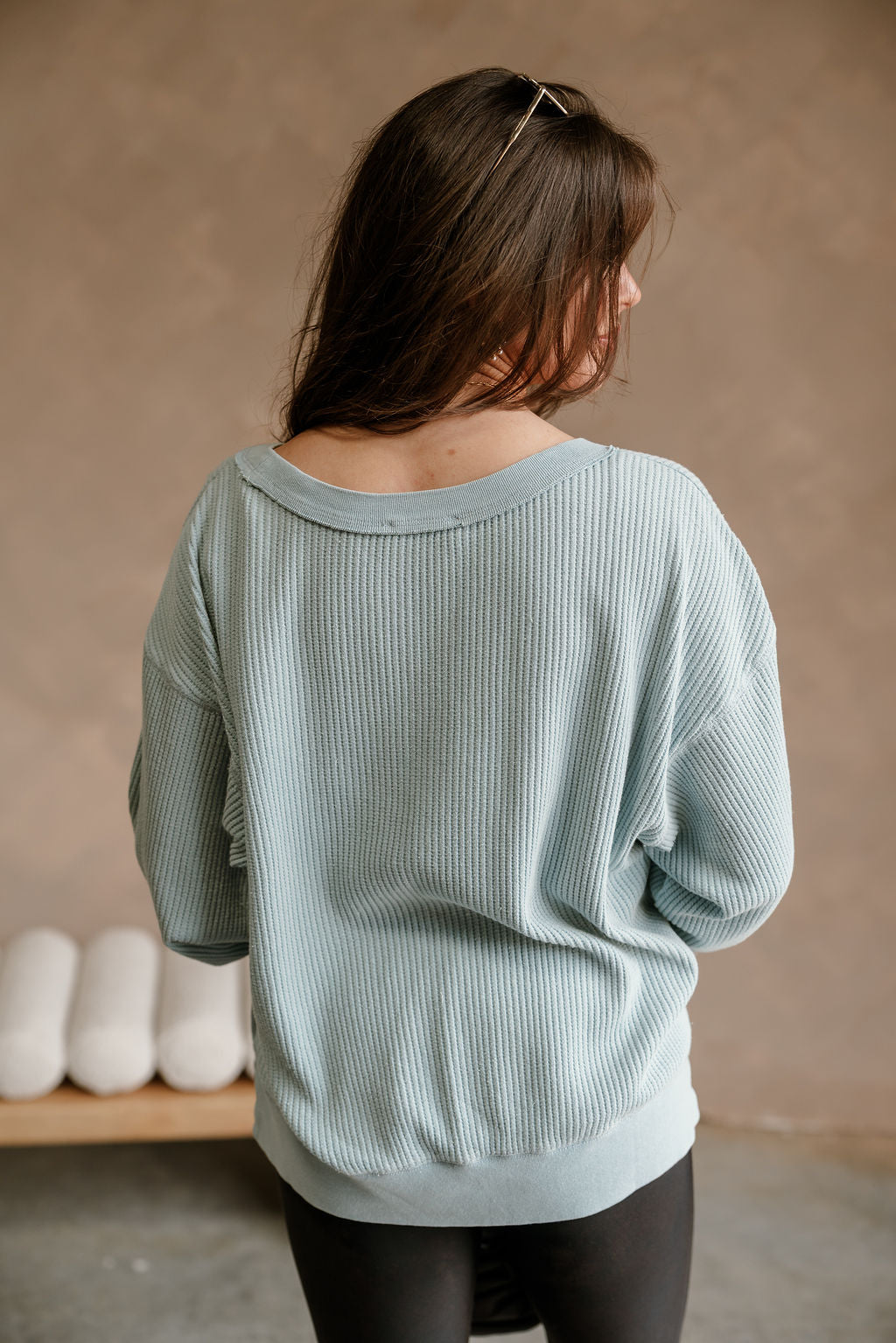 Maya Light Blue Waffle Knit Top- close up back view