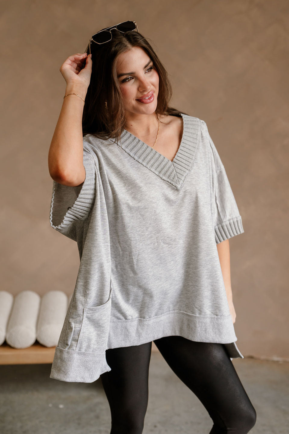 Kinsley Heather Grey Short Sleeve Top- frontal side top view