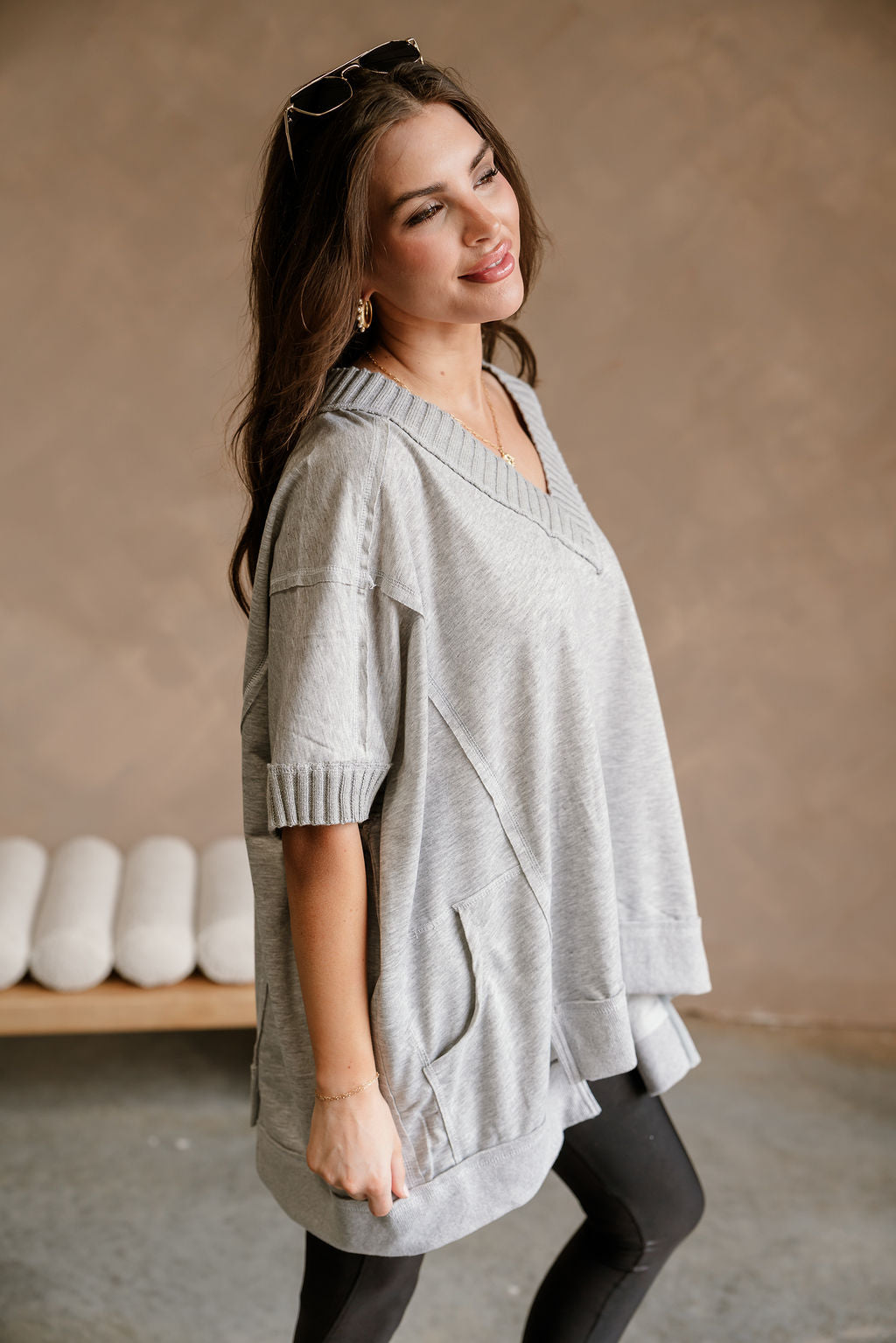 Kinsley Heather Grey Short Sleeve Top- side view