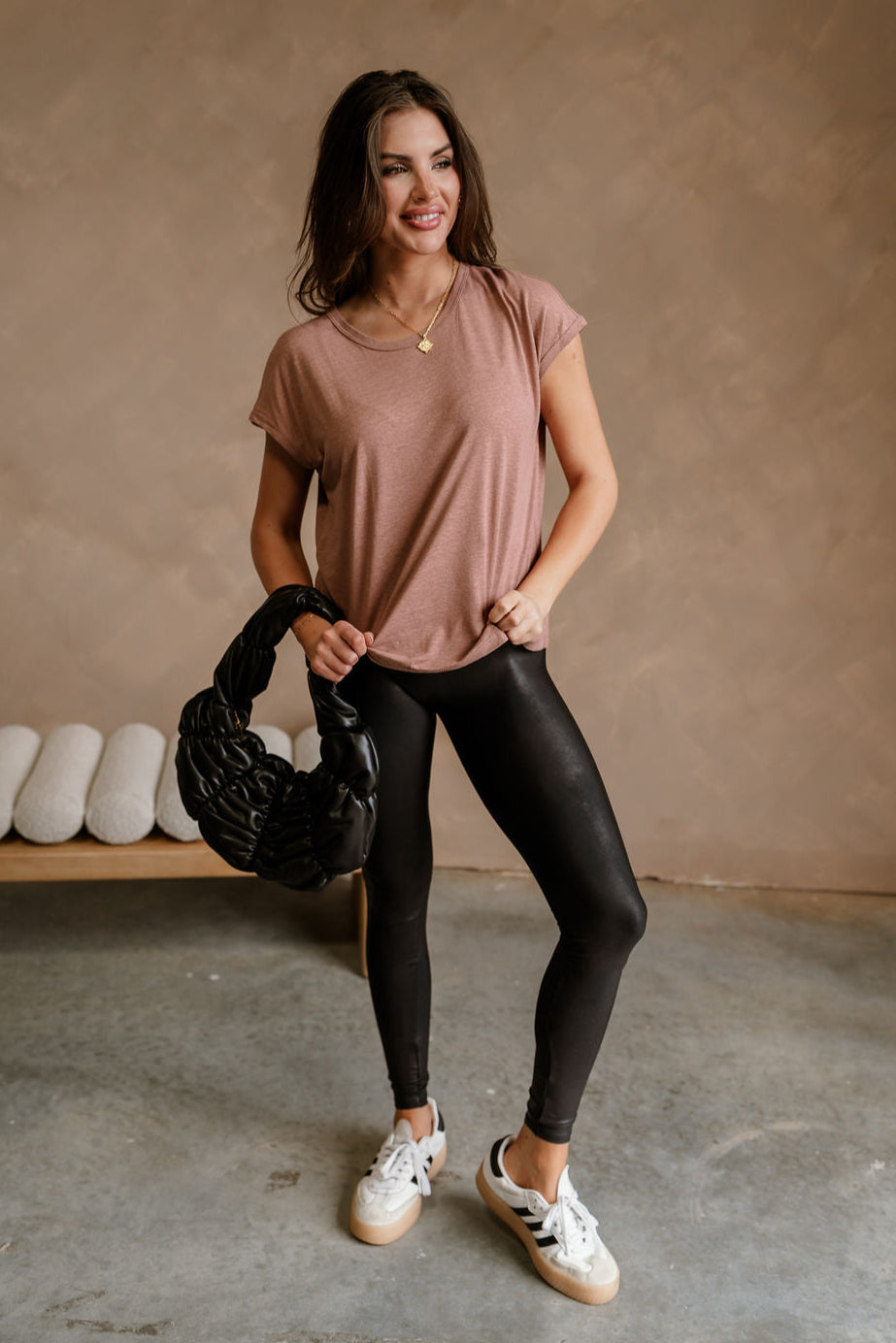 Elena Brown Short Sleeve Tee - full body front view