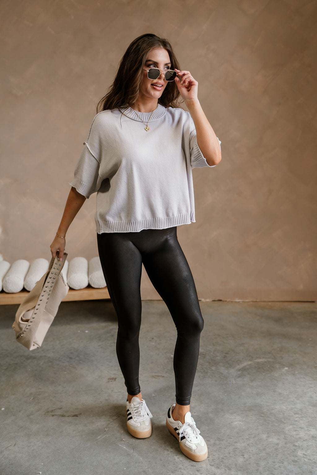 Leanne Light Grey Short Sleeve Sweater - full body front