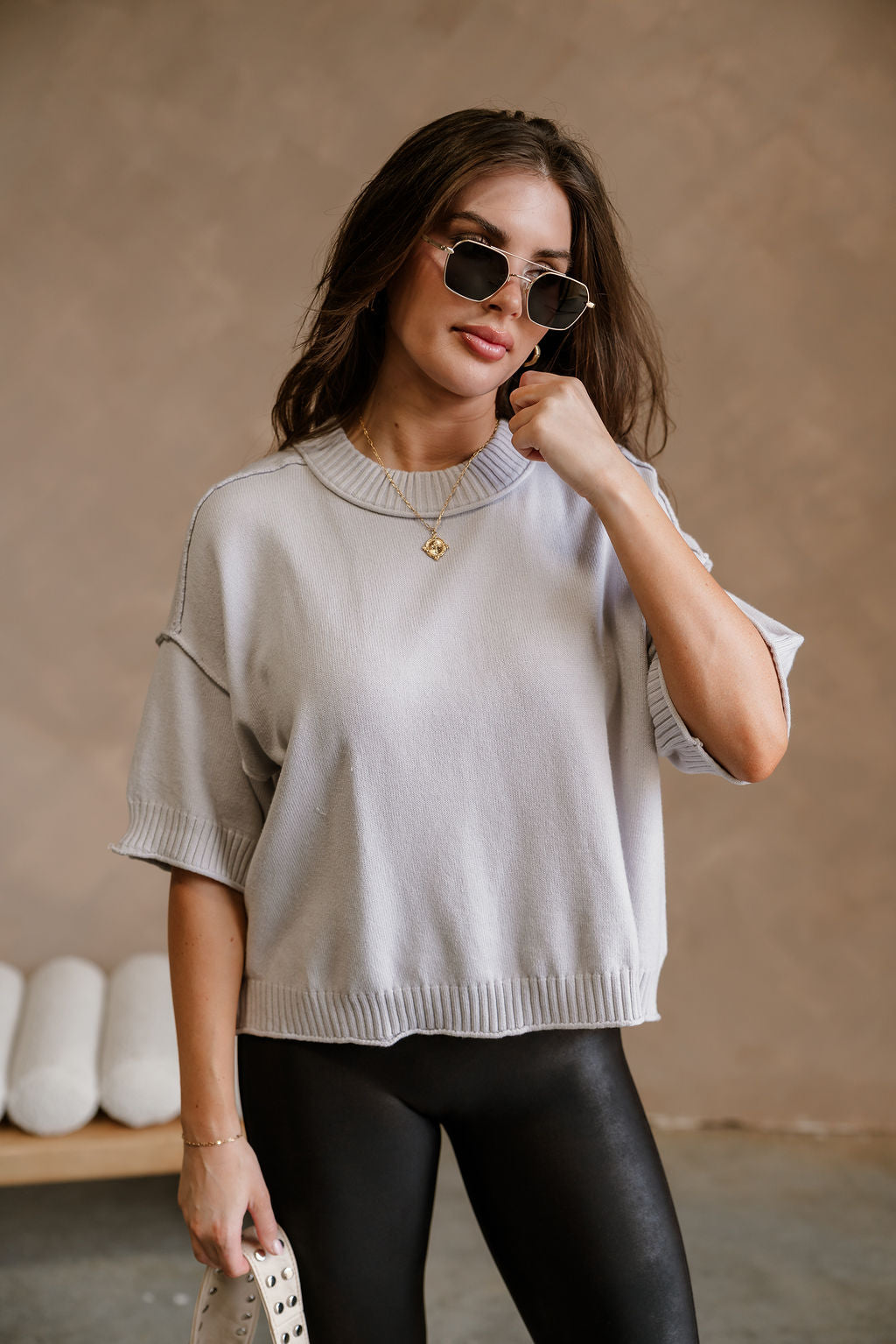 Leanne Light Grey Short Sleeve Sweater - front view