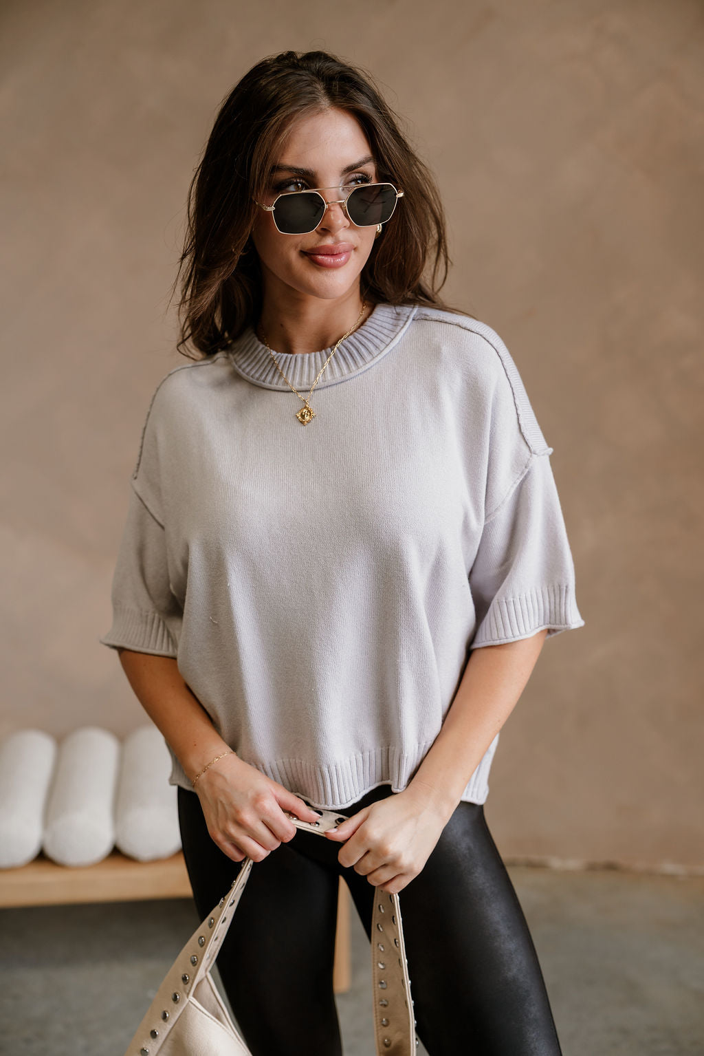 Leanne Light Grey Short Sleeve Sweater - front 