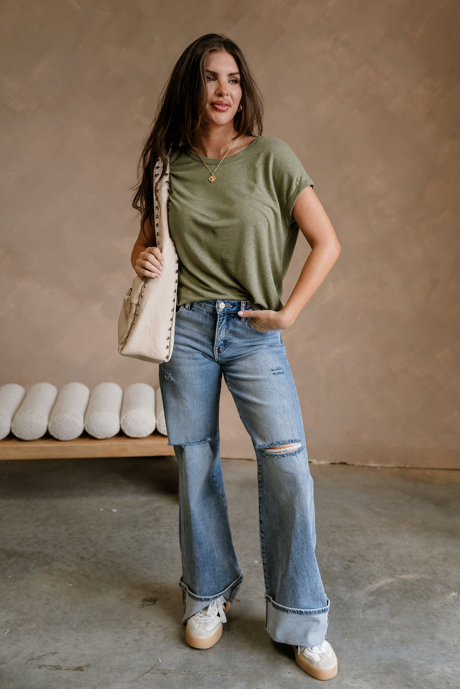 Elena Olive Green Short Sleeve Tee- full body front