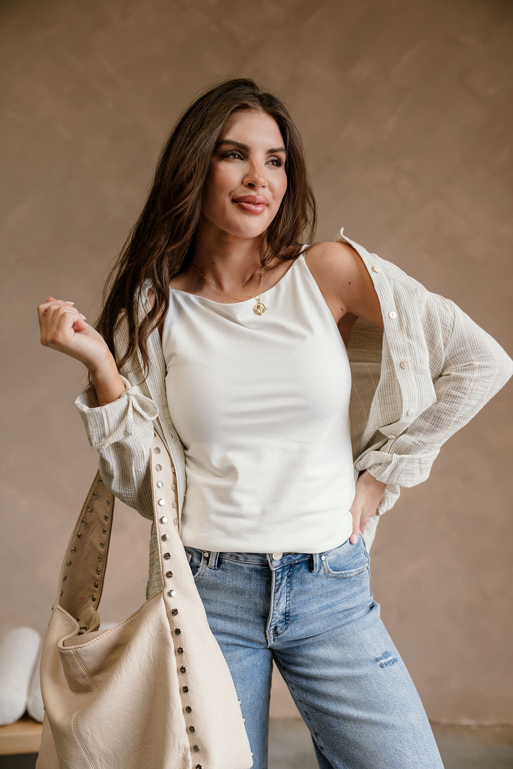 Katy Cream Striped Button-Up Linen Top - front view off the shoulder