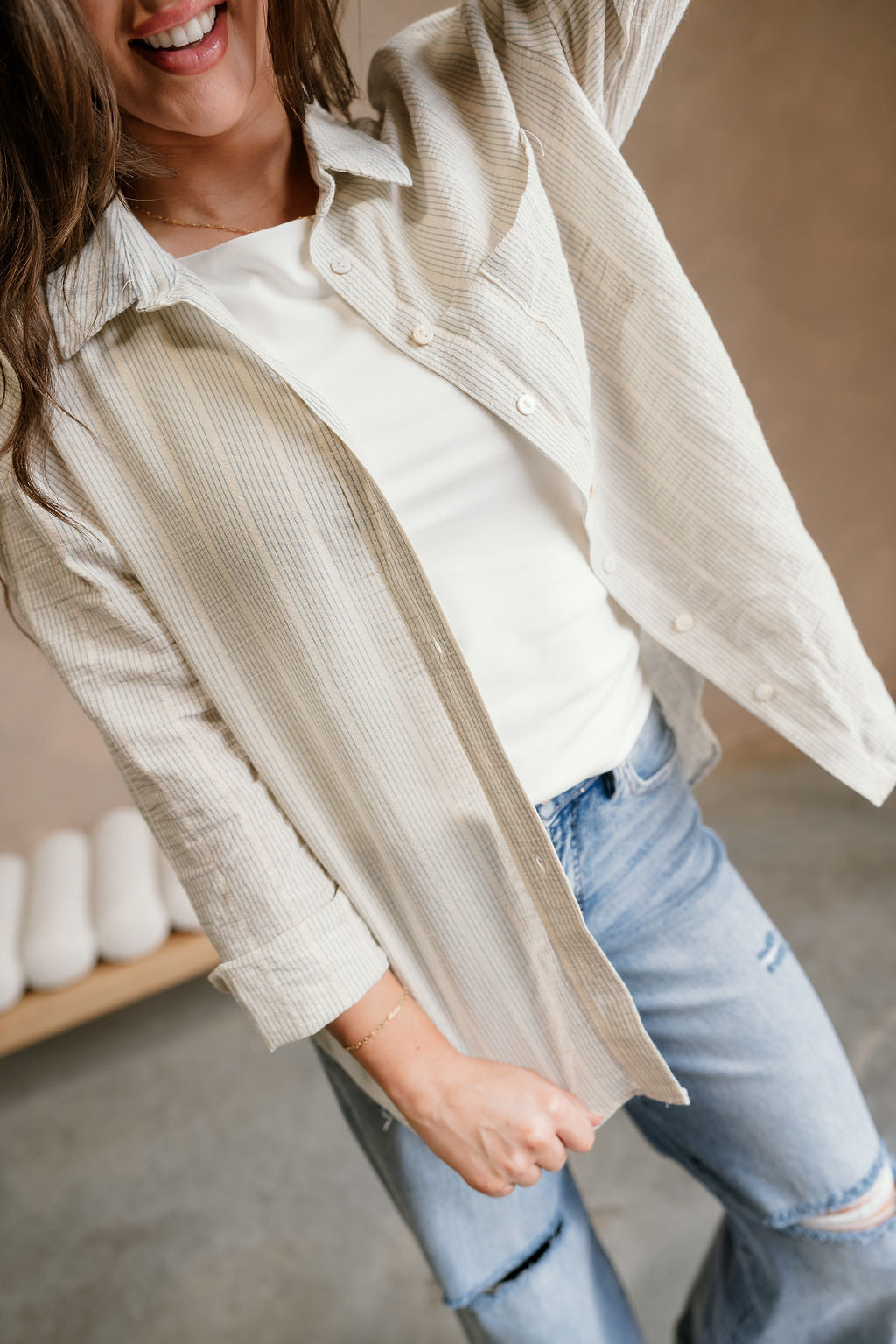 Katy Cream Striped Button-Up Linen Top - close up front 
