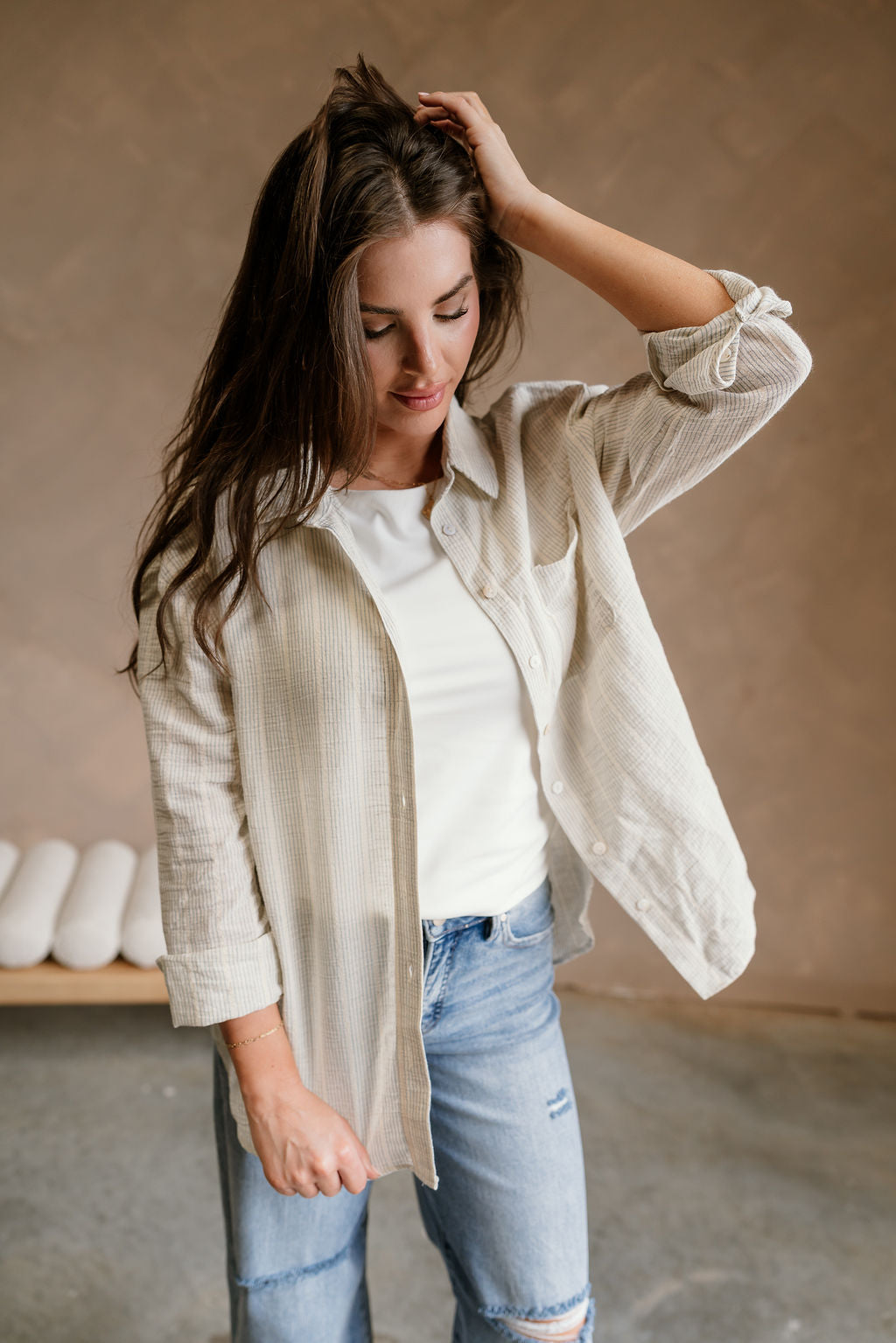 Katy Cream Striped Button-Up Linen Top - front view