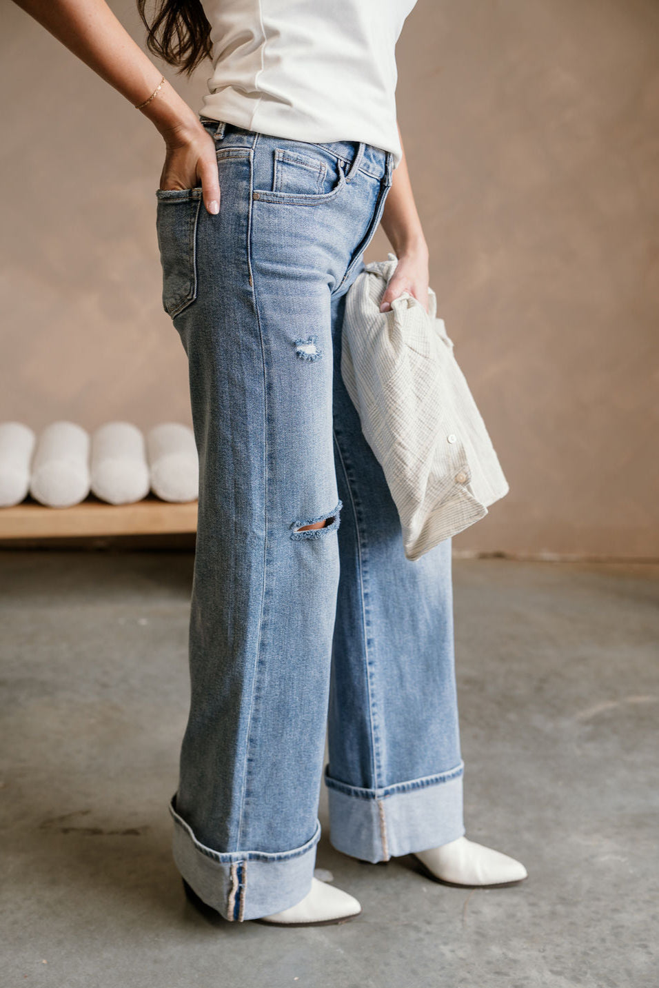 Risen: Skyler Medium Wash Cuffed Wide Leg Jeans - side view