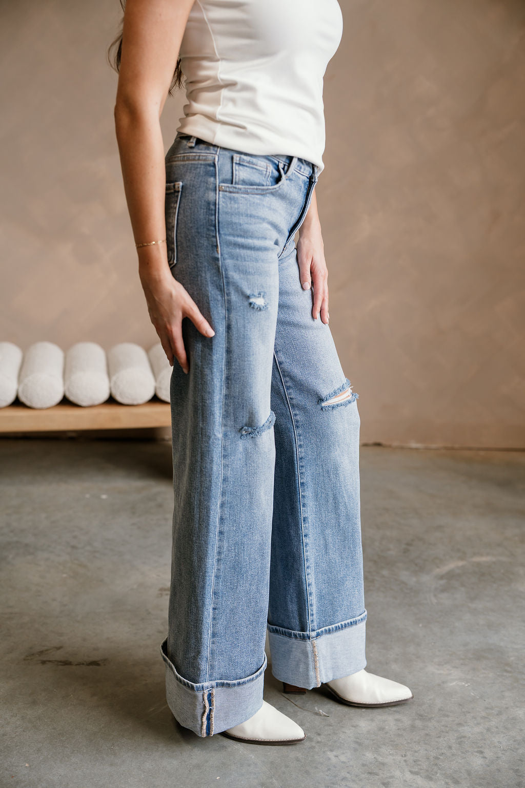 Risen: Skyler Medium Wash Cuffed Wide Leg Jeans - side