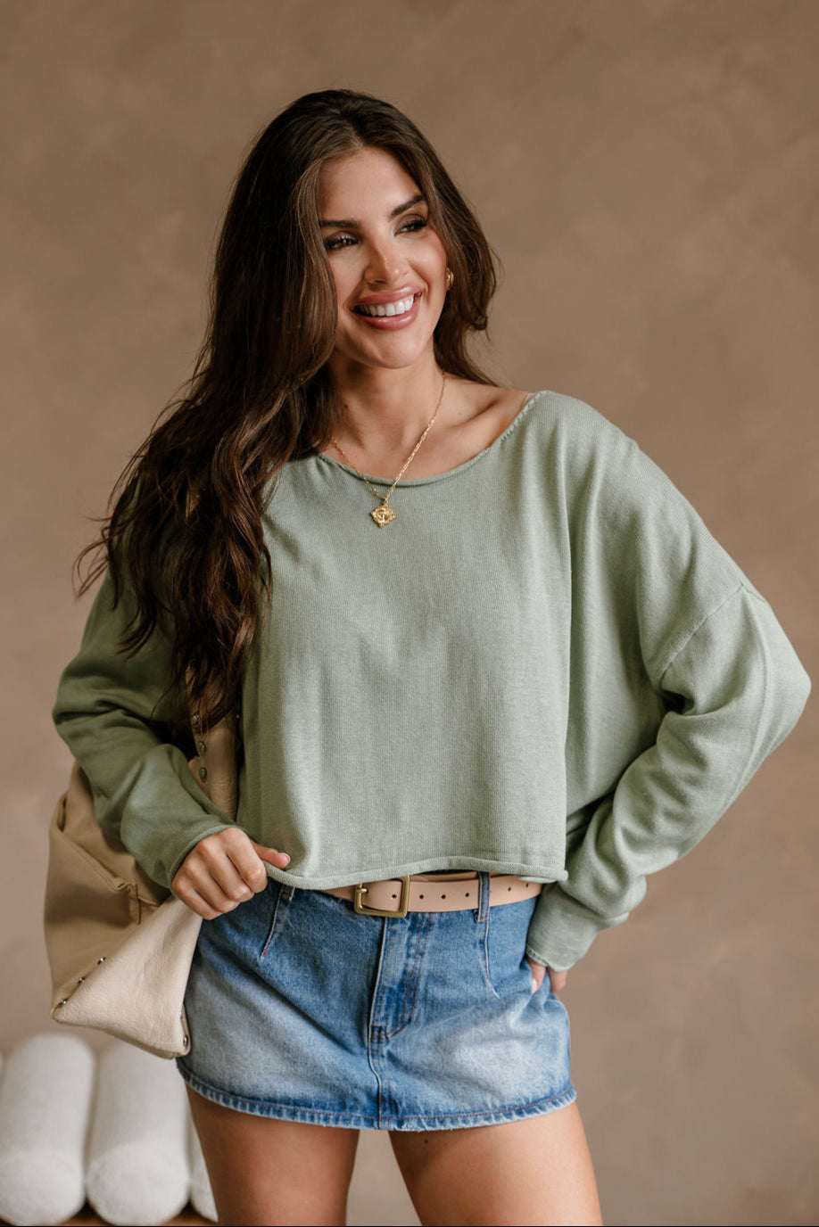 Marley Sage Green Long Sleeve Top - upper body front view