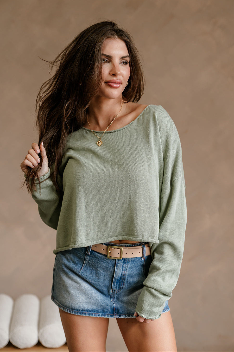 Marley Sage Green Long Sleeve Top - front view