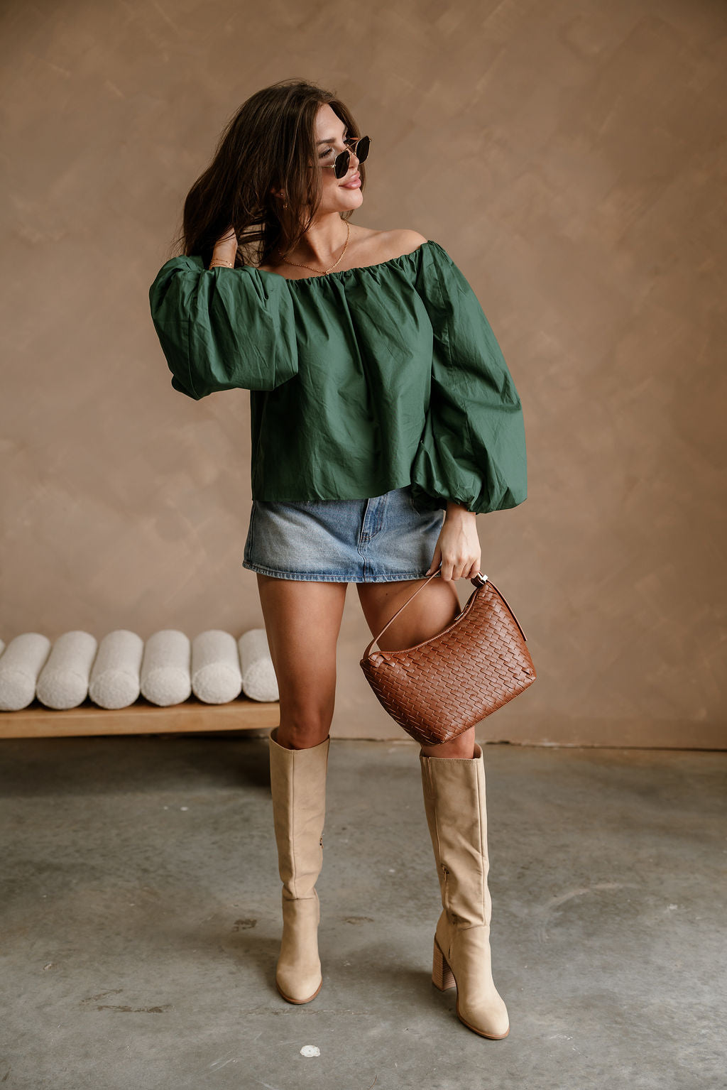 Nila Green Off-The-Shoulder Balloon Sleeve Top - full front view