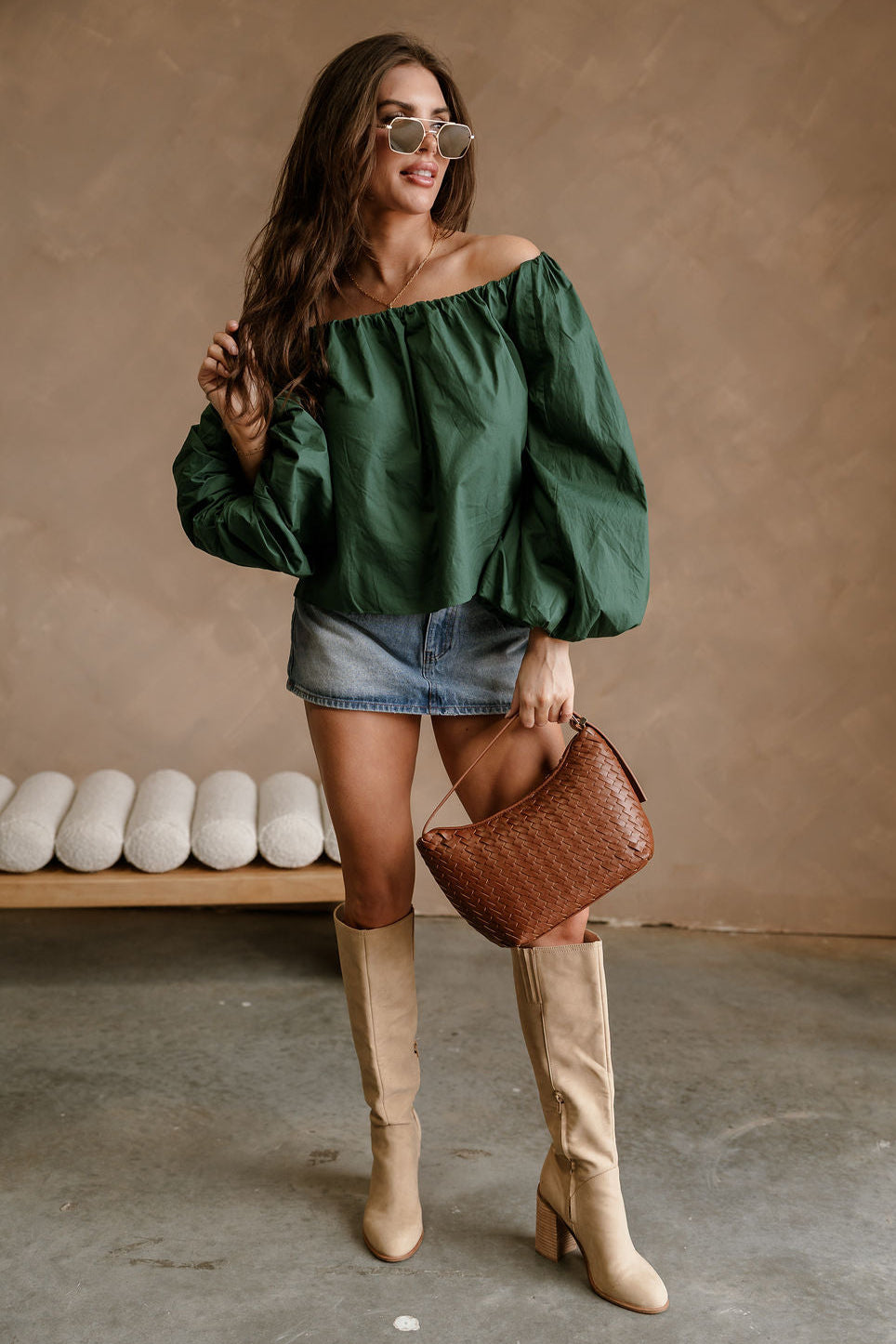 Nila Green Off-The-Shoulder Balloon Sleeve Top - full body front view