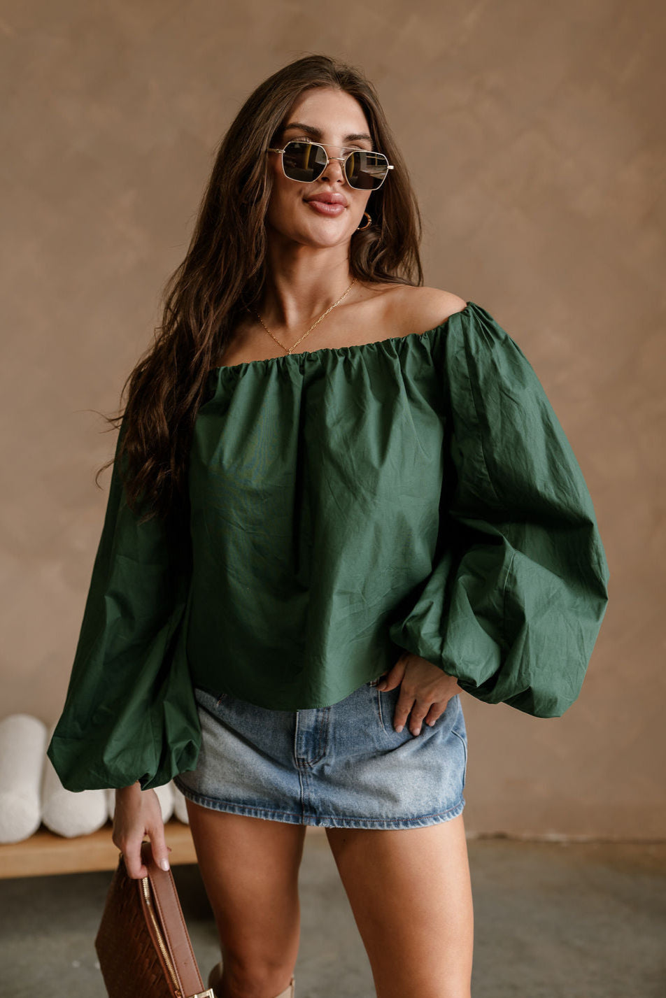 Nila Green Off-The-Shoulder Balloon Sleeve Top - front