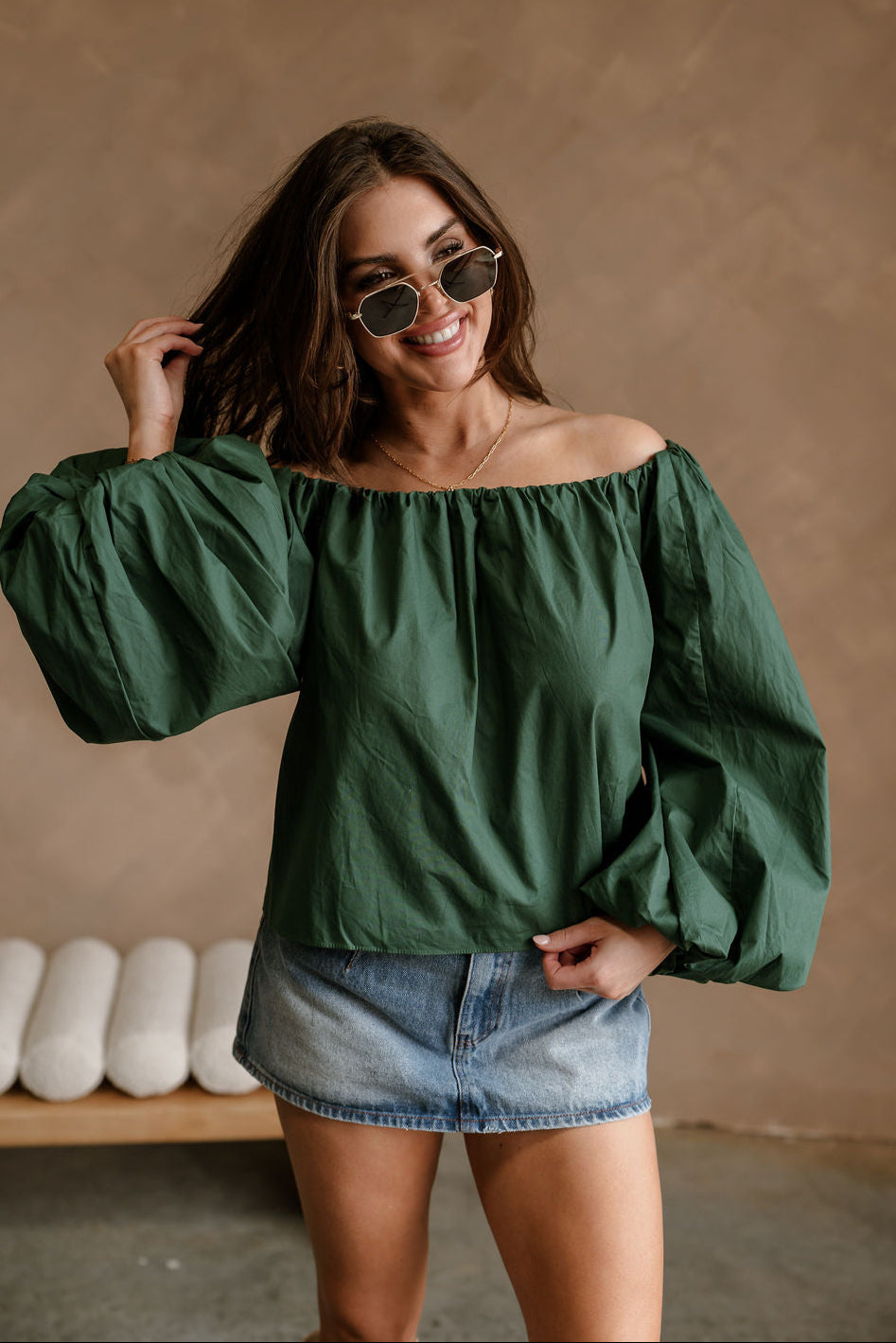 Nila Green Off-The-Shoulder Balloon Sleeve Top - front view