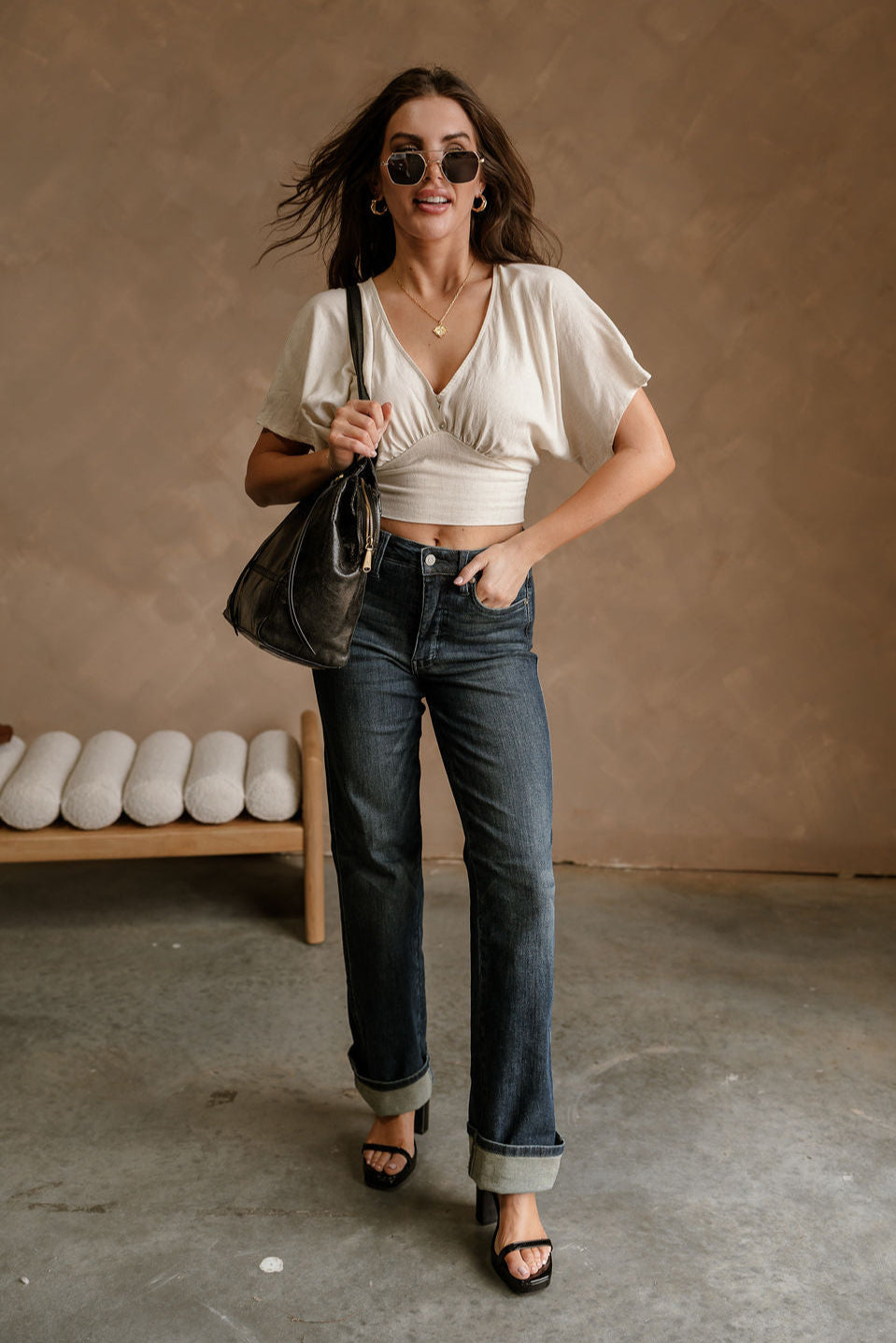 Dalia Cream Cropped Short Sleeve Top - full body front view