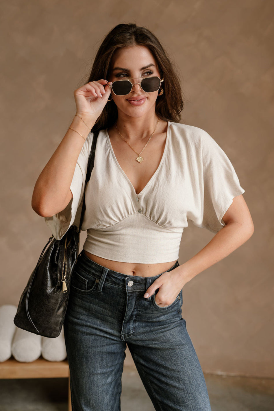 Dalia Cream Cropped Short Sleeve Top - front view