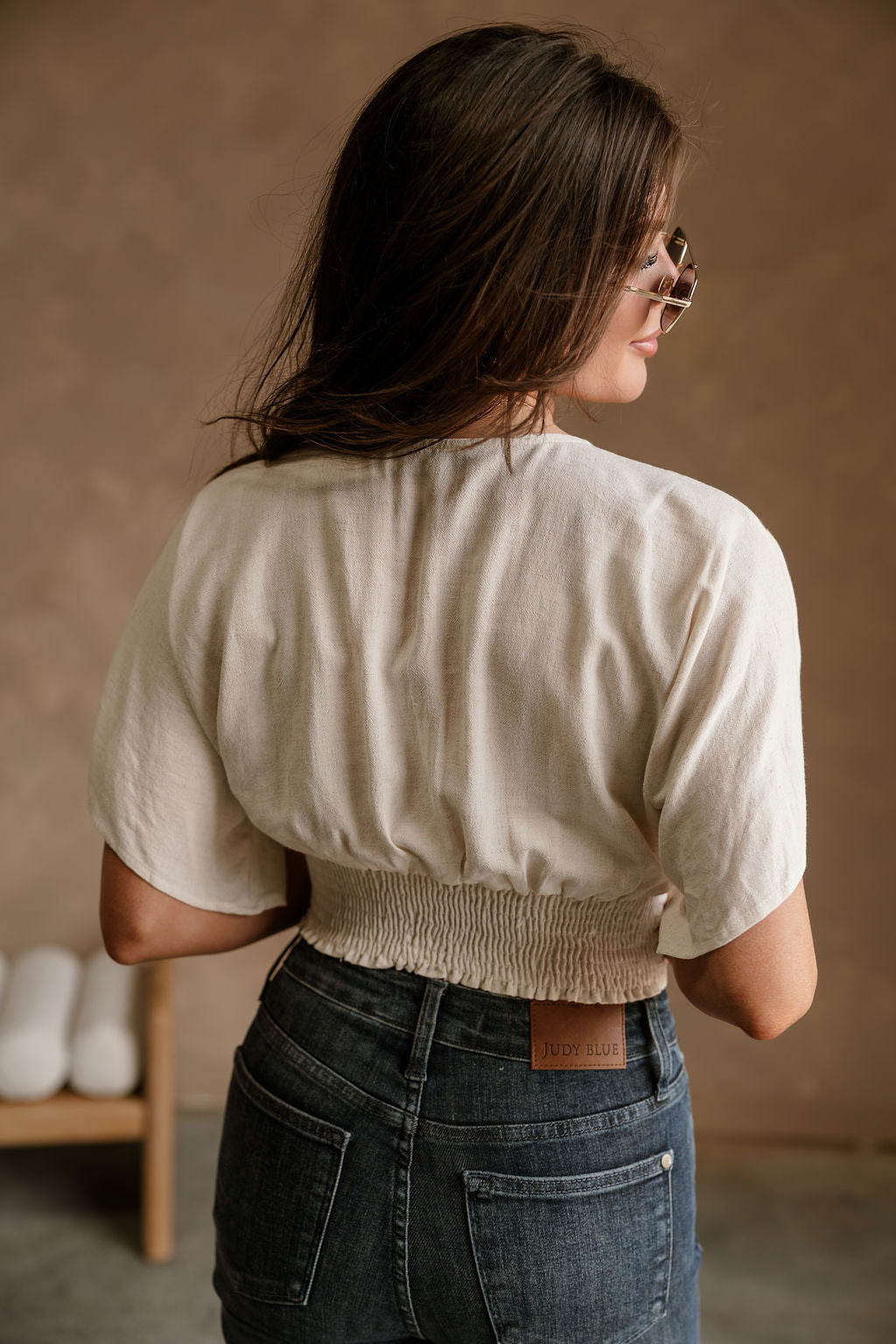 Dalia Cream Cropped Short Sleeve Top - close back view