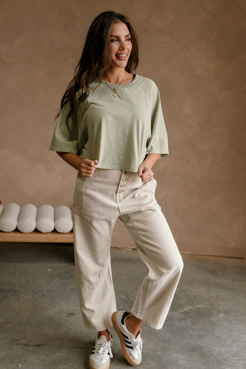 Becca Sage Cropped Short Sleeve Top - full body front view