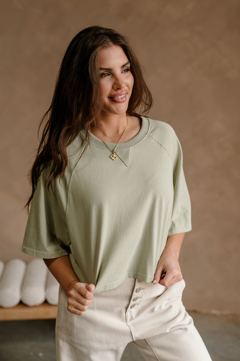 Becca Sage Cropped Short Sleeve Top - front view