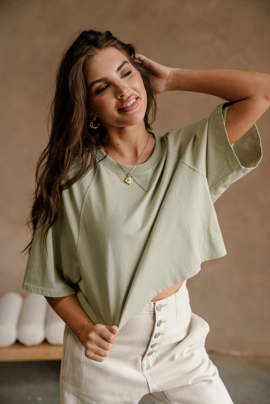 Becca Sage Cropped Short Sleeve Top - close front view