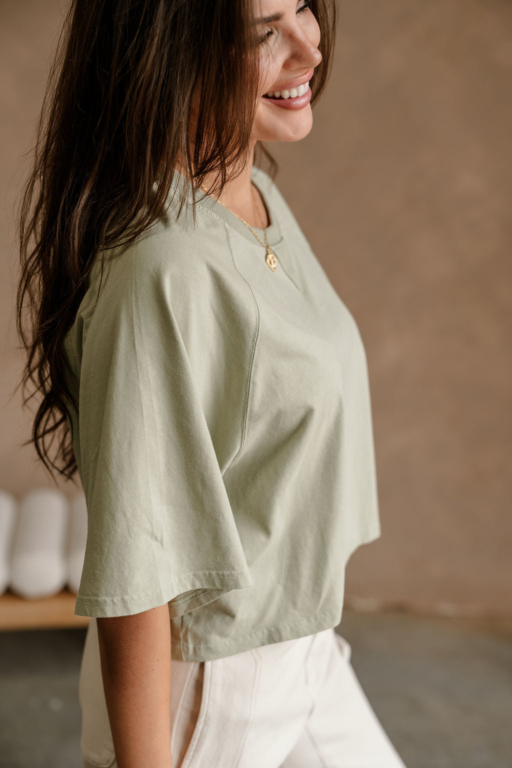 Becca Sage Cropped Short Sleeve Top - side view