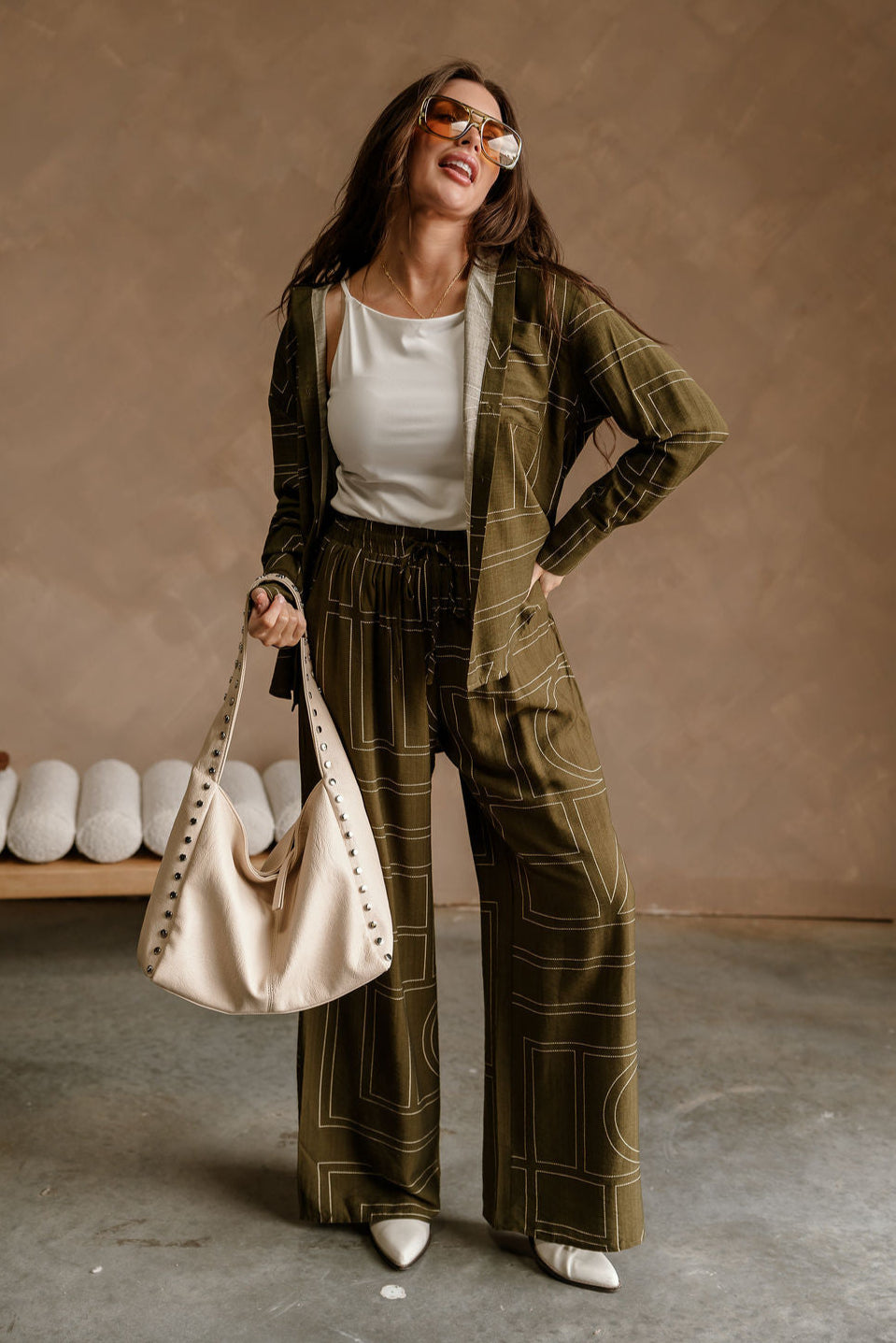 Calyn Olive & Cream Printed Button-Up Top - full body front view
