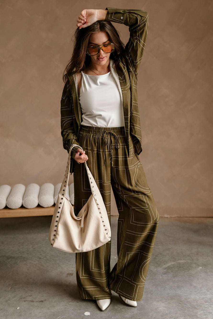 Calyn Olive & Cream Printed Wide Leg Pants - full body front view
