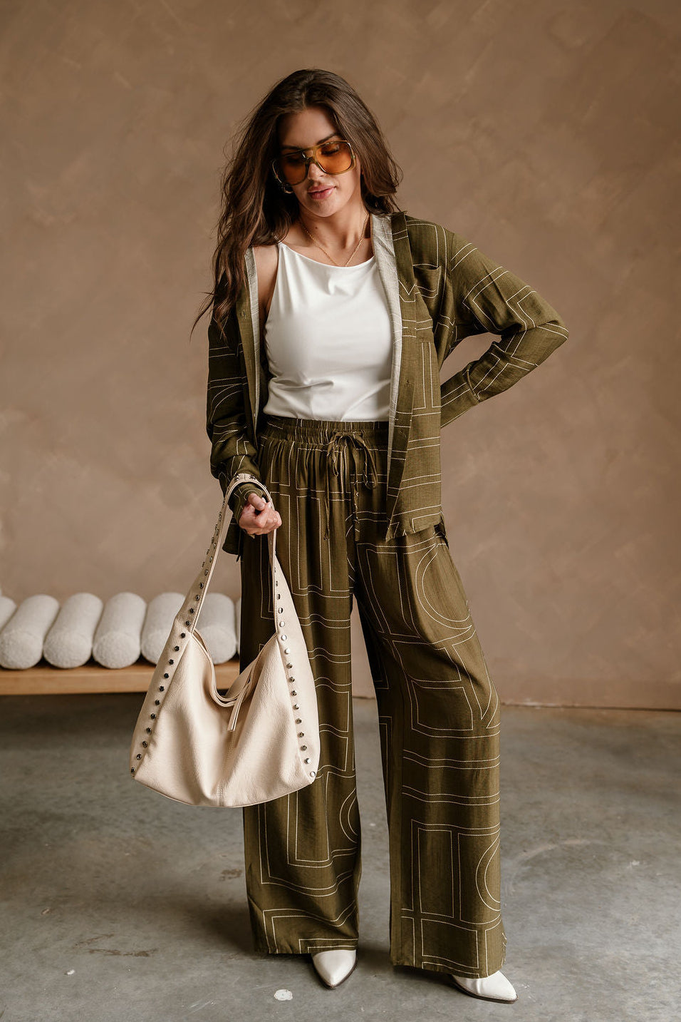 Calyn Olive & Cream Printed Wide Leg Pants - full front view