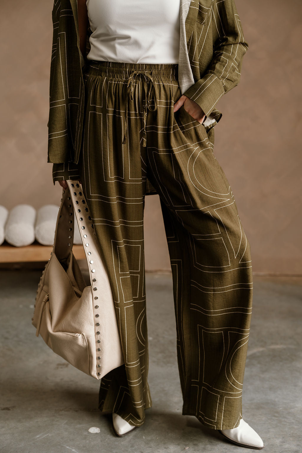 Calyn Olive & Cream Printed Wide Leg Pants - lower body front view