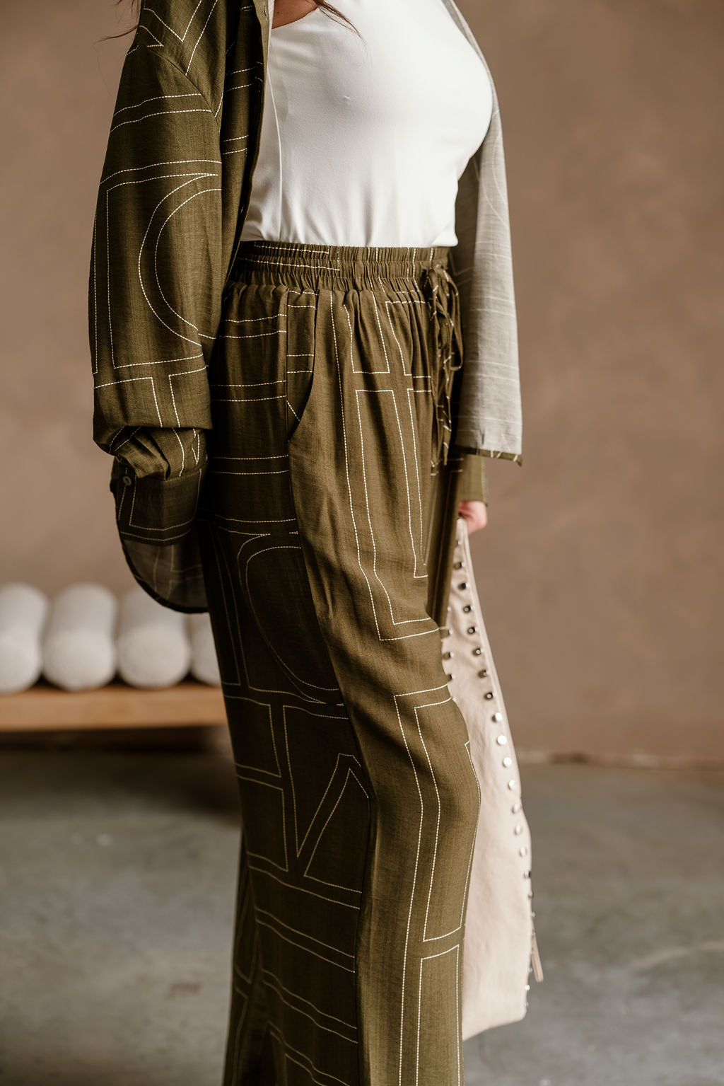 Calyn Olive & Cream Printed Wide Leg Pants - close side view