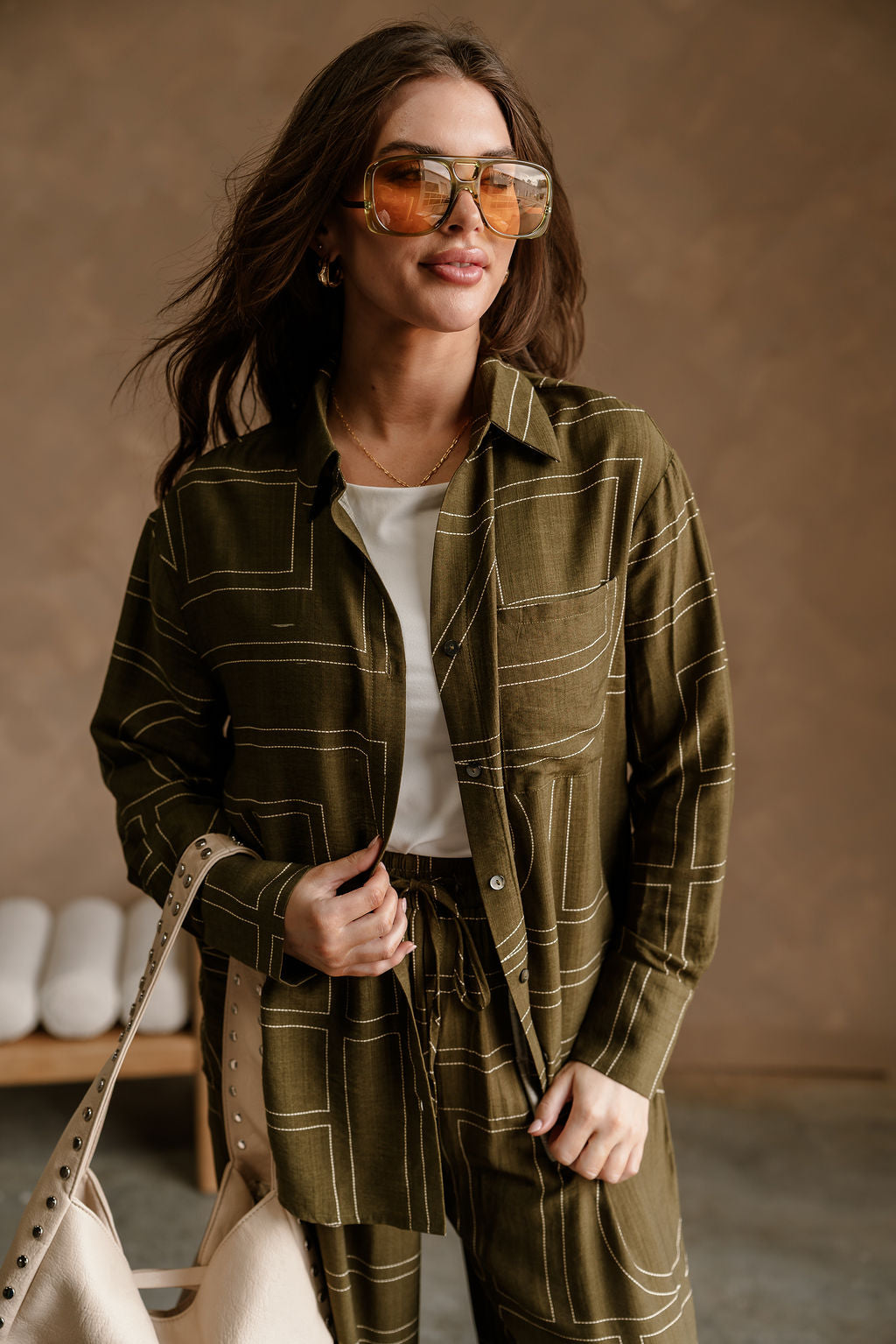 Calyn Olive & Cream Printed Button-Up Top - front 