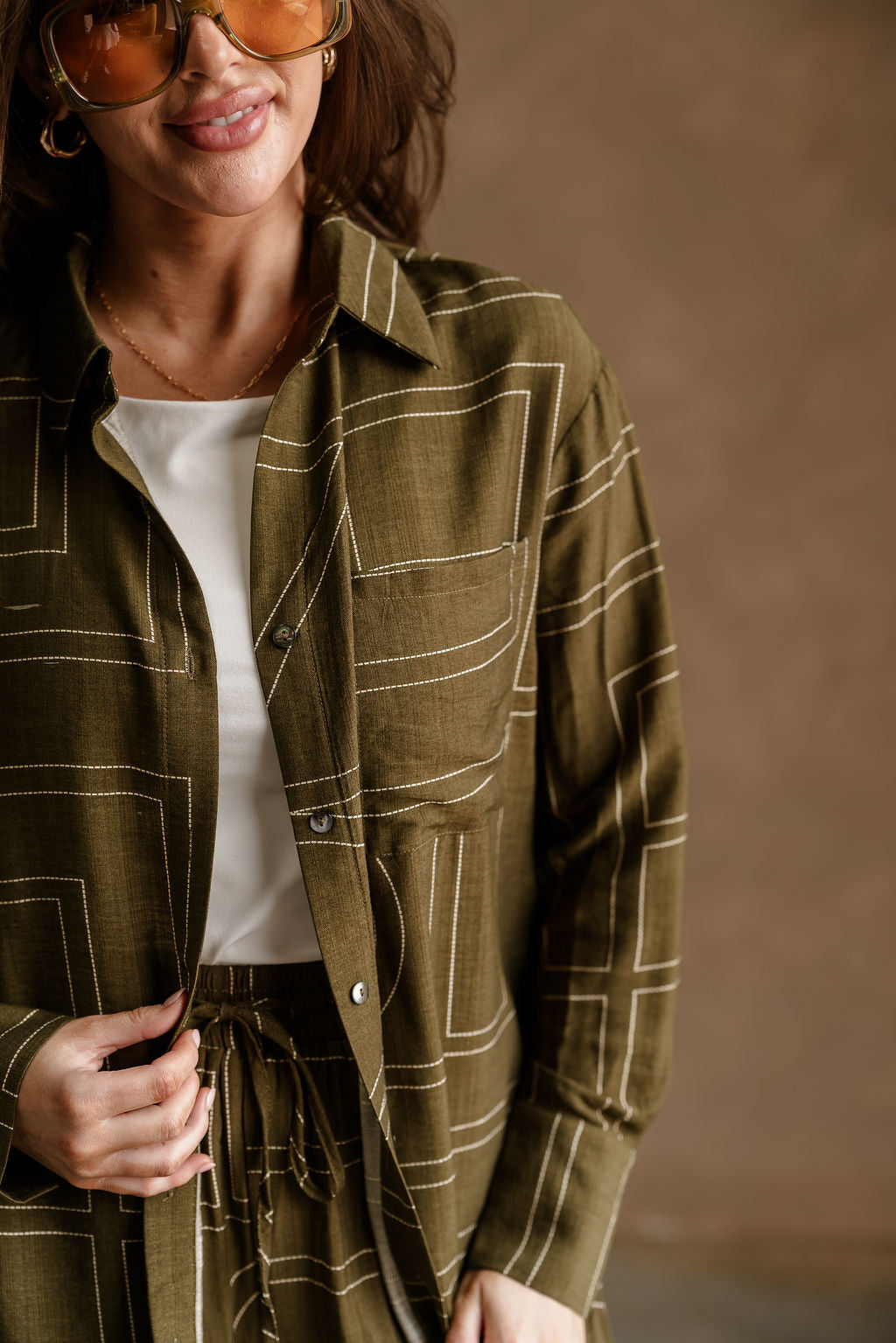 Calyn Olive & Cream Printed Button-Up Top - close up front view