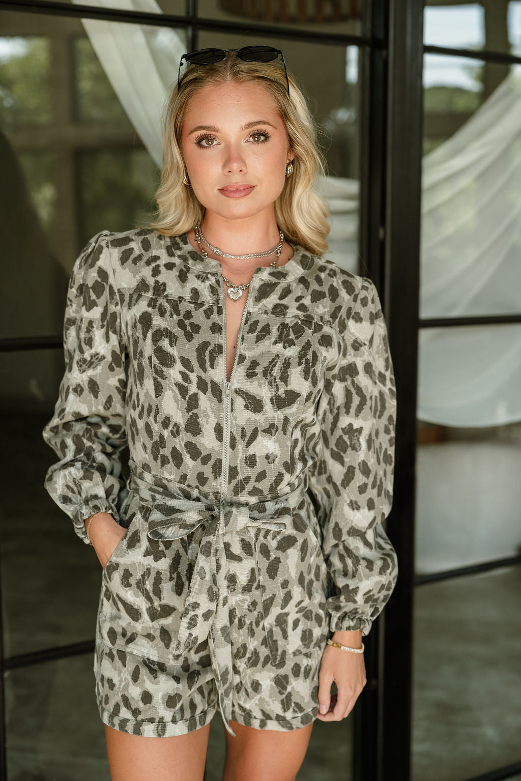 Tara Taupe Cheetah Denim Romper - front view