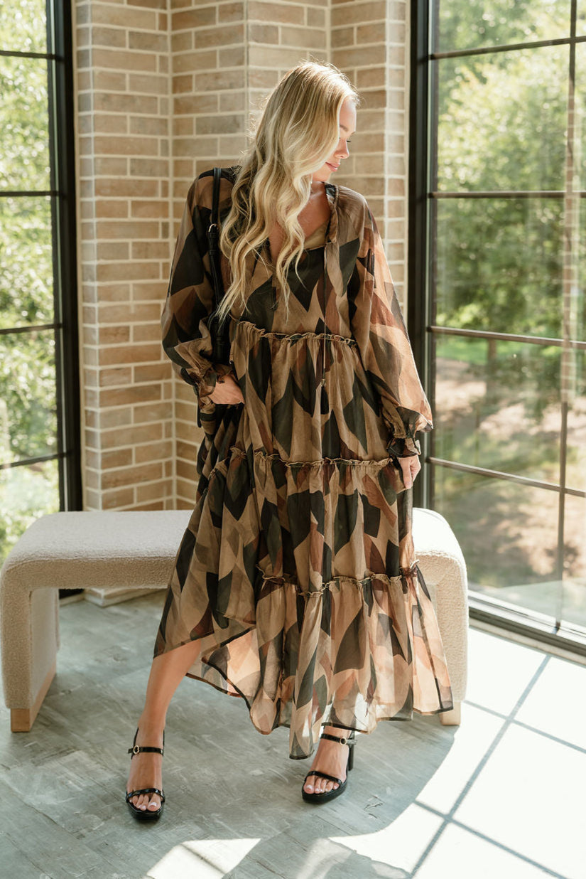 Kiley Black Multi Long Sleeve Midi Dress - full body front view