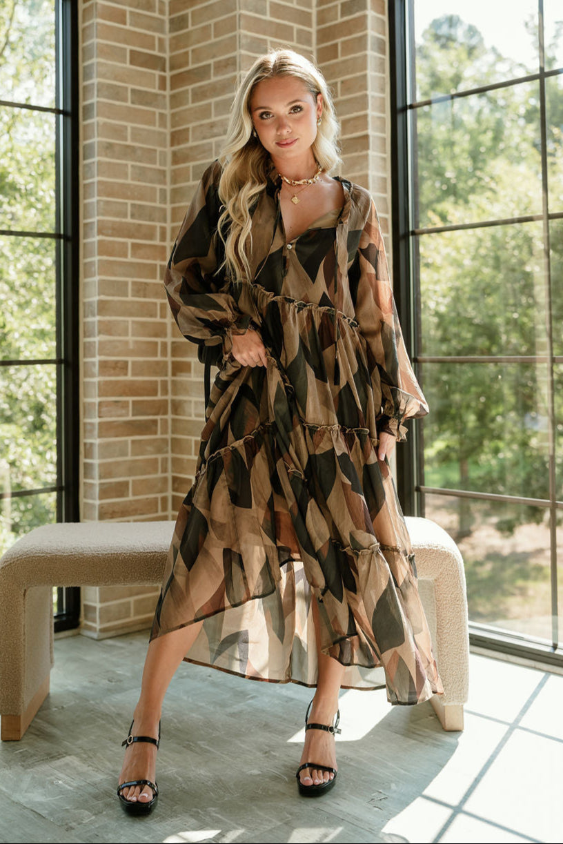 Kiley Black Multi Long Sleeve Midi Dress - full front view