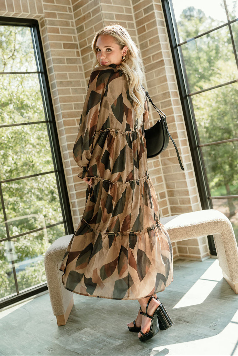 Kiley Black Multi Long Sleeve Midi Dress - full body view