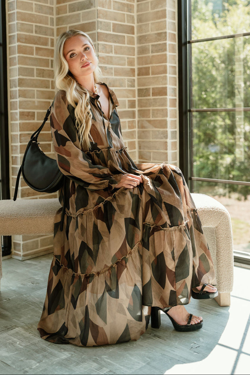 Kiley Black Multi Long Sleeve Midi Dress - sitting view
