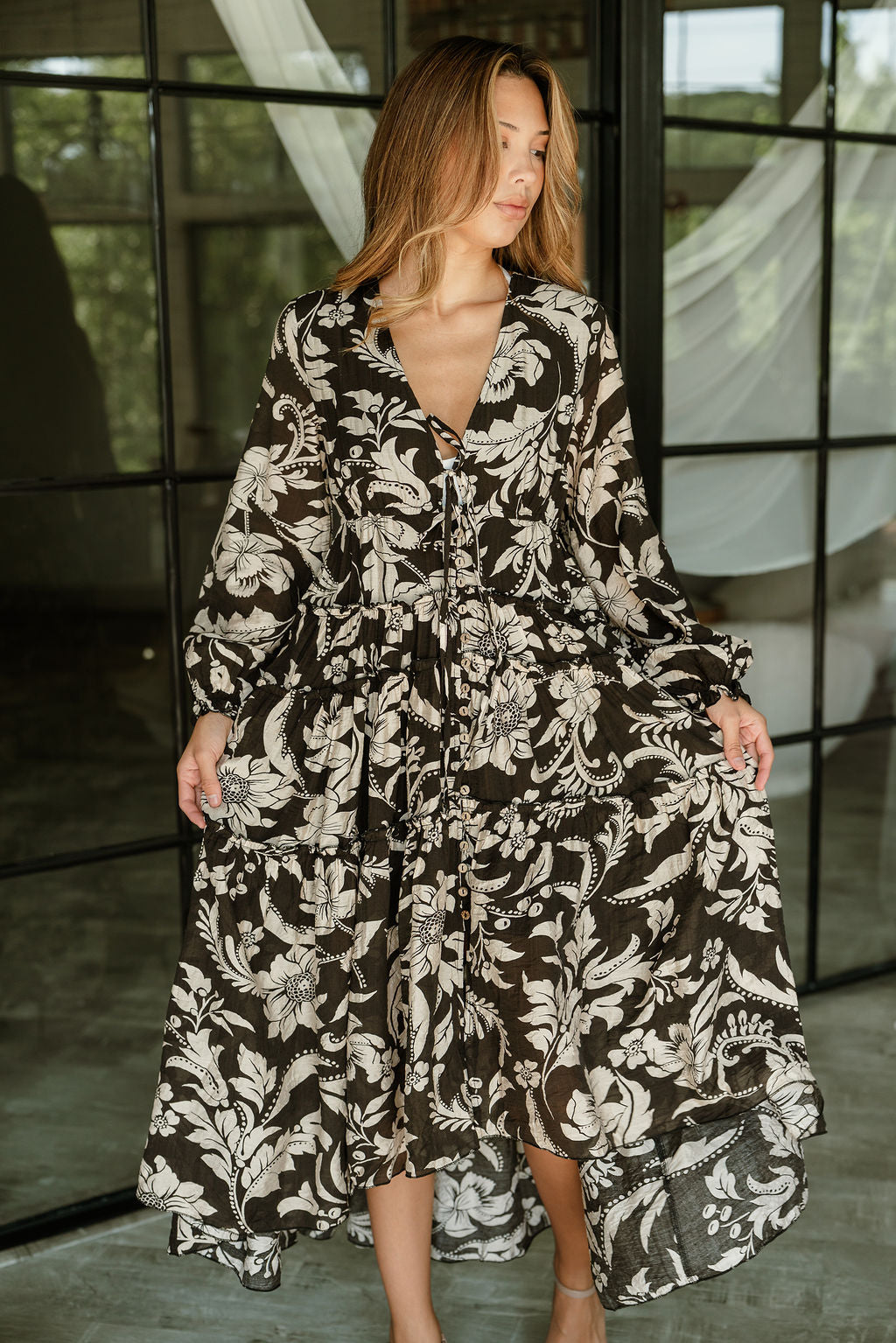 Annabelle Black & Cream Floral Midi Dress - front view