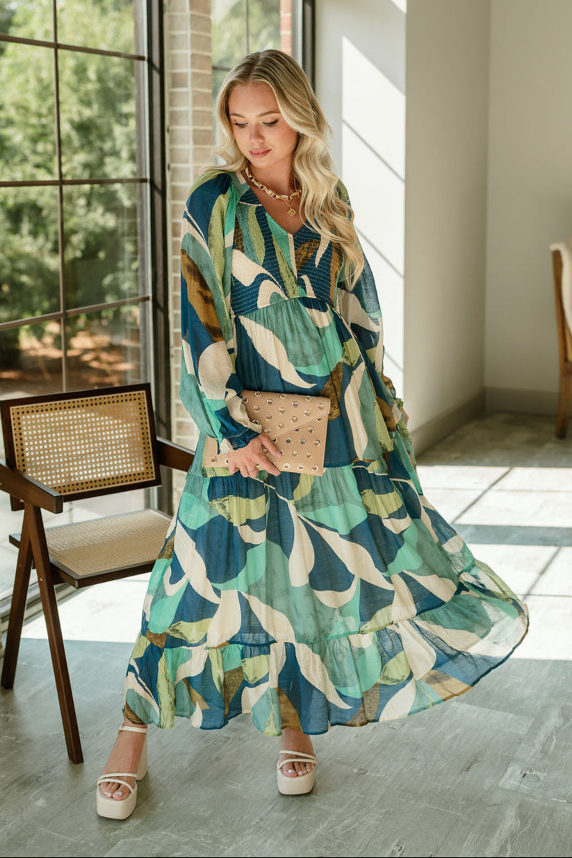 Gemma Blue Multi Long Sleeve Midi Dress - full body front view