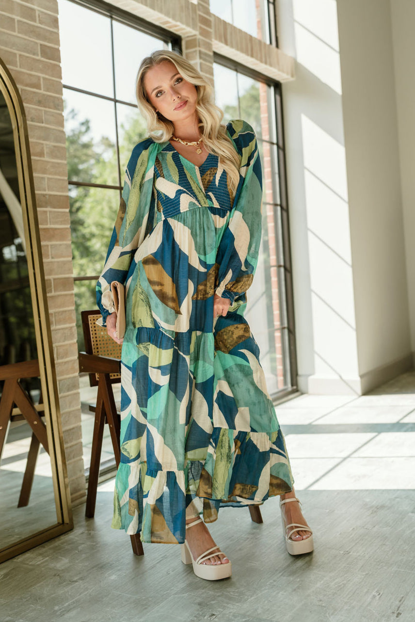 Gemma Blue Multi Long Sleeve Midi Dress - full front view