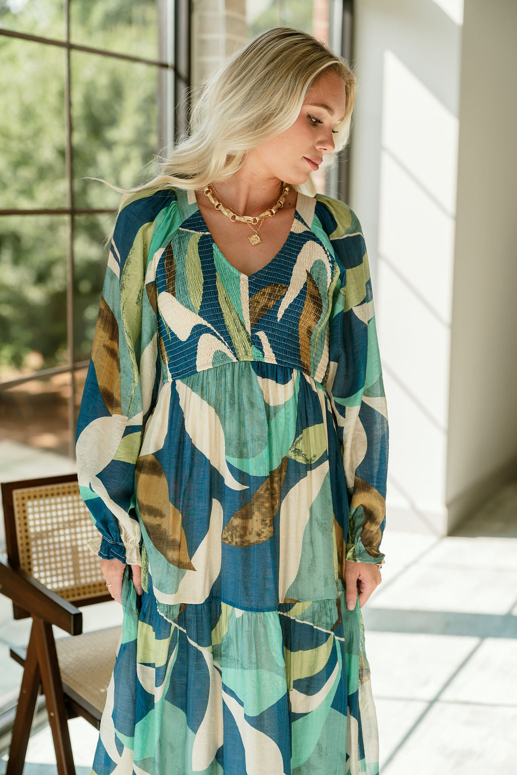 Gemma Blue Multi Long Sleeve Midi Dress - upper body front view