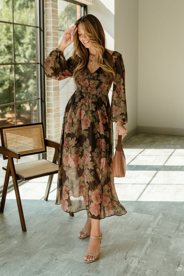 Any Brown Multi Floral Midi Dress - full body front view