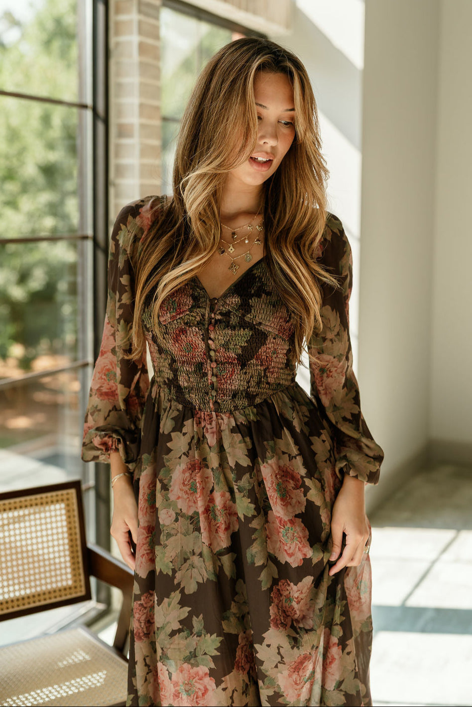 Any Brown Multi Floral Midi Dress - upper body front view