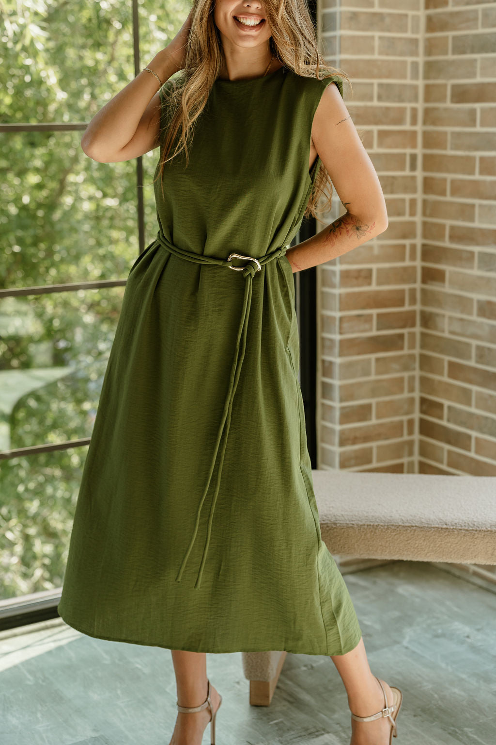 Ashley Olive Green Tie Waist Midi Dress- close up frontal side up