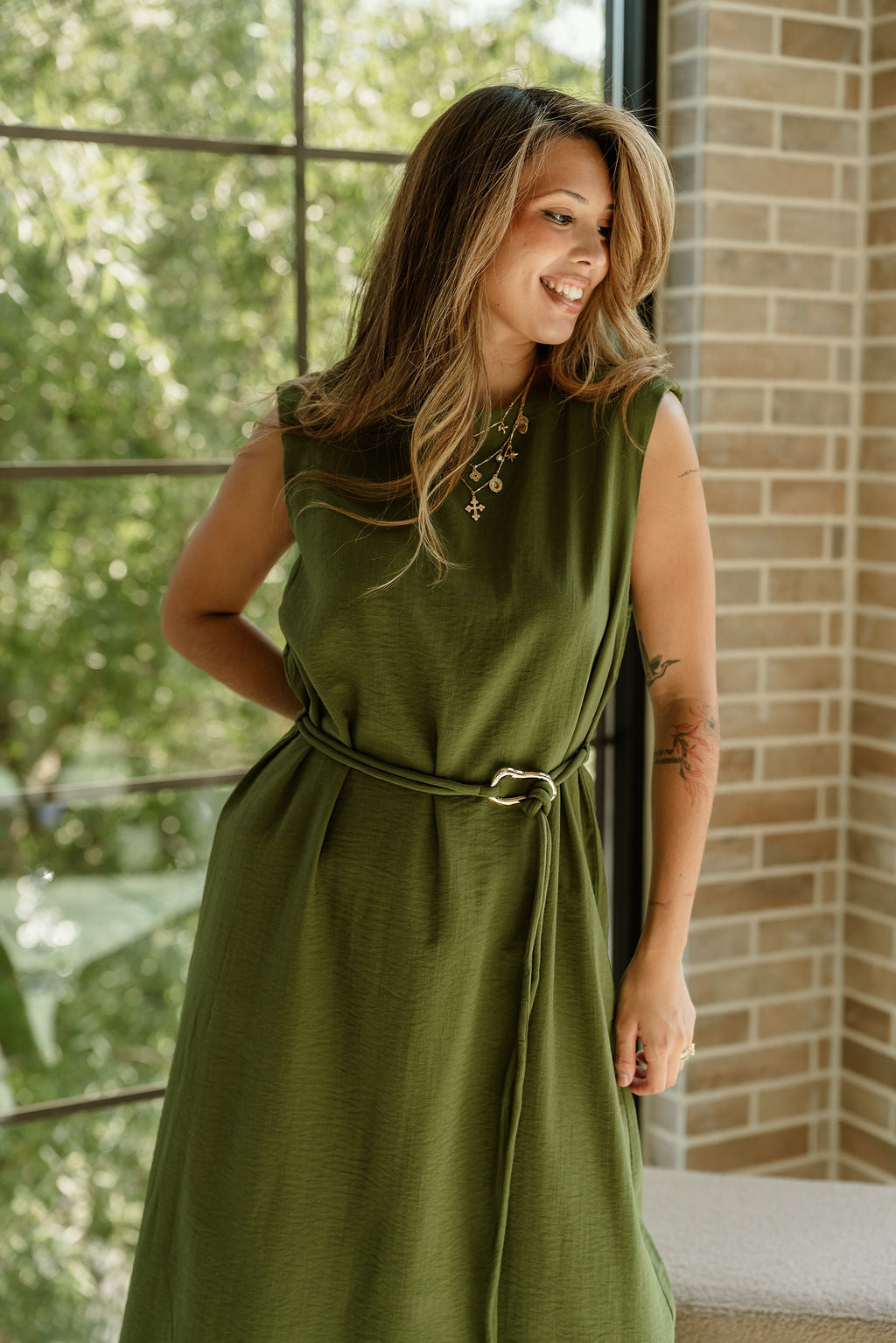 Ashley Olive Green Tie Waist Midi Dress- close up top view