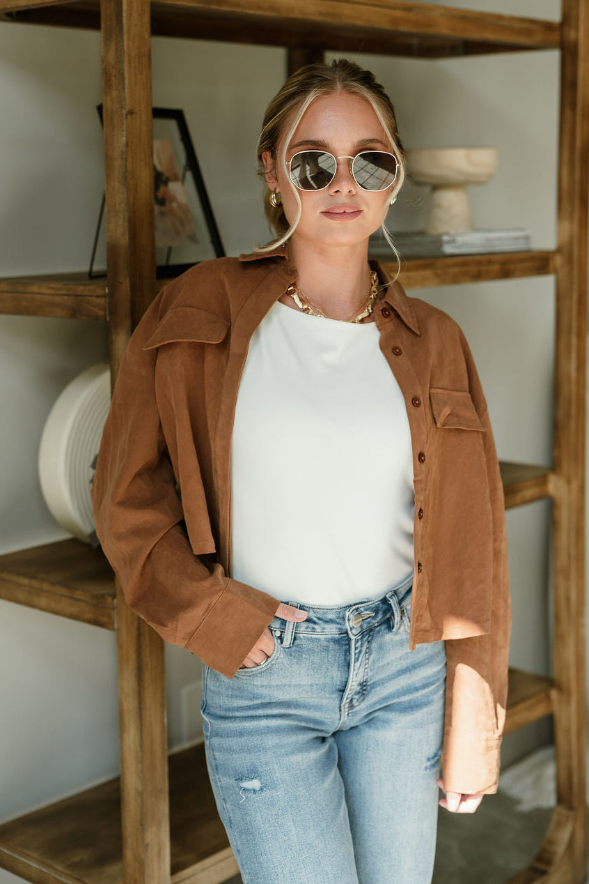 Reyna Brown Suede Cargo Jacket- front view