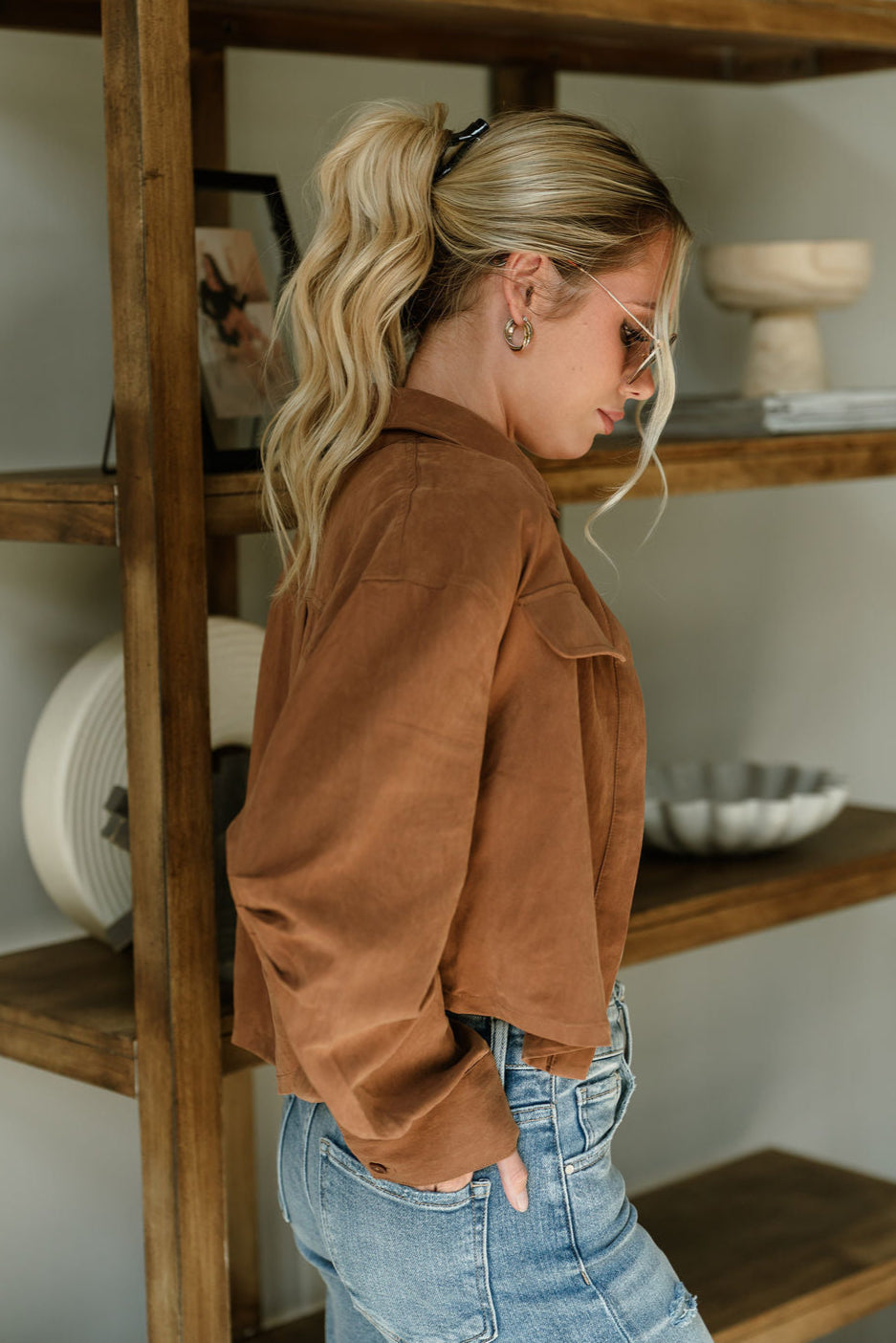 Reyna Brown Suede Cargo Jacket- close up side view