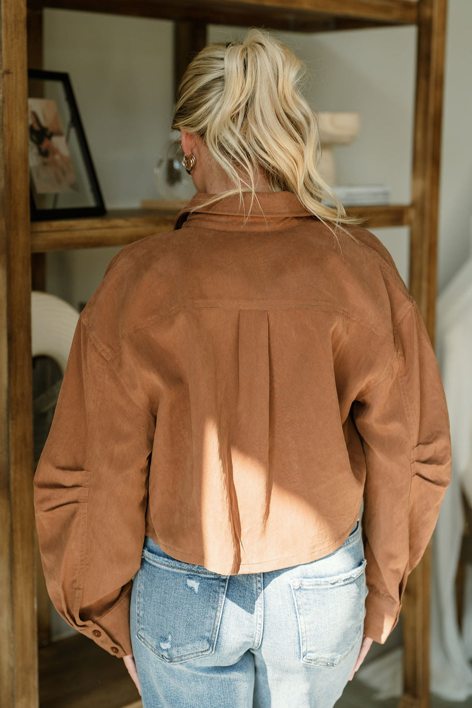 Reyna Brown Suede Cargo Jacket- close up back view