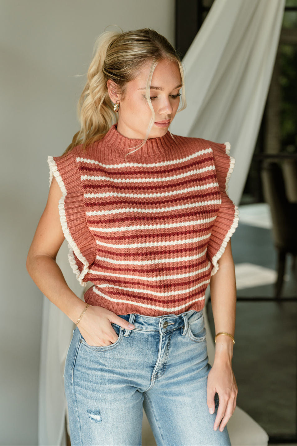 Carolyn Rust Striped Sleeveless Sweater- frontal side top view